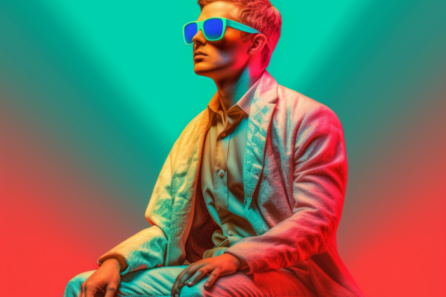 A person with short blonde hair wearing a white and silver suit staring off into the distance. They are wearing reflective sunglasses. They are on a cyan and red background.