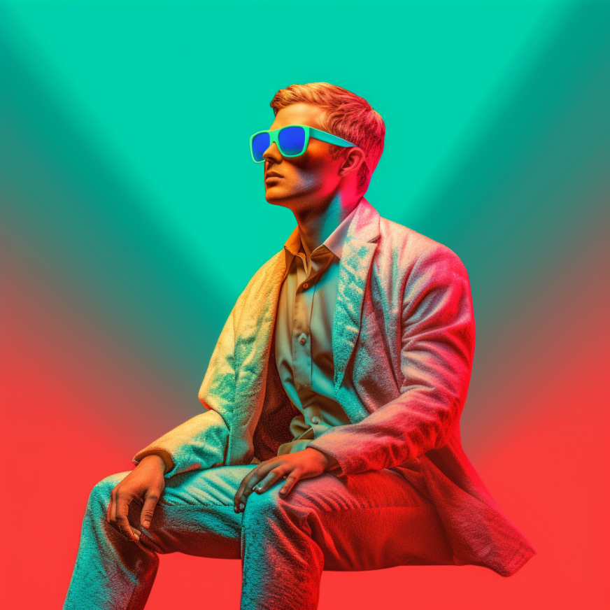 A person with short blonde hair wearing a white and silver suit staring off into the distance. They are wearing reflective sunglasses. They are on a cyan and red background.